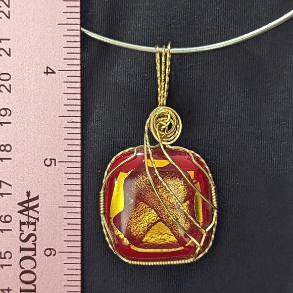 Rula Glass Jewelry - Striking Red with Gold DICHROIC * 14k Gold-Filled Wire-Wrapped Glass Pendant